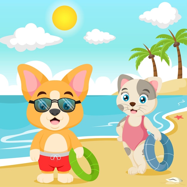 Cartoon lustiger kleiner hund mit katze am strand