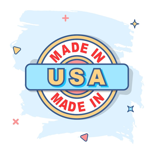 Cartoon made in usa-symbol im comic-stil hergestelltes illustrationspiktogramm produce sign splash business concept