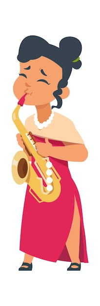 Vektor cartoon-mädchen, das saxophon spielt nette frau mit musikinstrument, weiblich in rotem kleid und saxophon jazz-sängerin leistung shop- und festival-event-werbevorlage vektor-hobby-flachillustration
