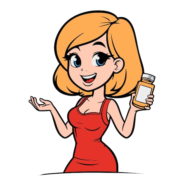 Vektor cartoon-mädchen in einem roten kleid bewirbt ein glas medikamente