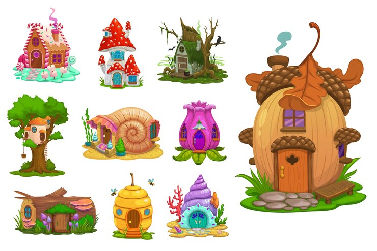 Vektor cartoon-märchen-fantasy-häuser und behausungen von zwergen oder gnomen vektor lustige hütten kindermärchen pilz- und blumenbienenstock oder eichel-karamell-schnecke und blockhaus