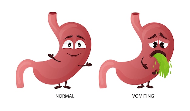 Cartoon-Magenfigur Konzept von gesundem und krankem Erbrechen innerer Organe und Übelkeit Vektorillustration isolierter weißer Hintergrund