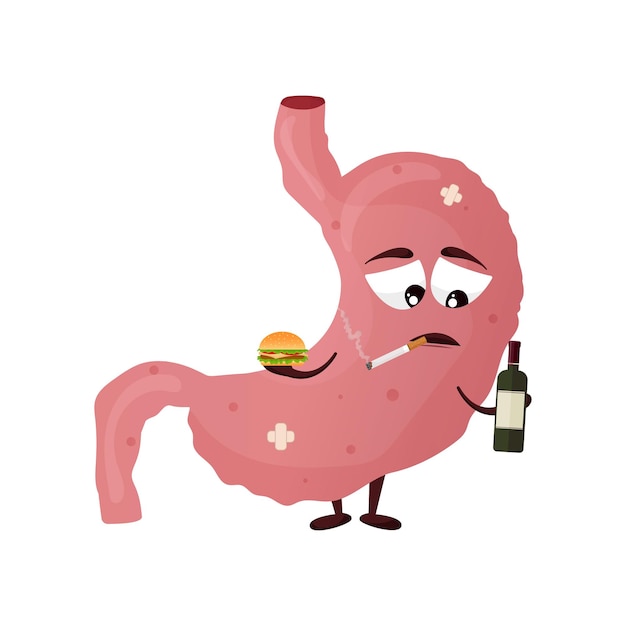 Vektor cartoon-magenfigur mit alkoholzigaretten und junkfood konzept krankes inneres organ, das einen ungesunden lebensstil führt vektorillustration
