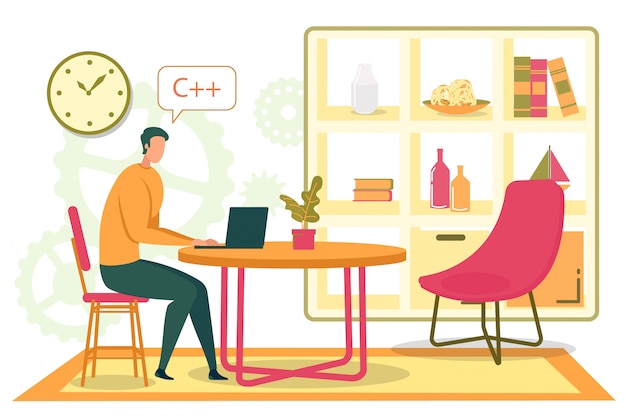 Cartoon Man Programmer Coder, der Code zu Hause schreibt