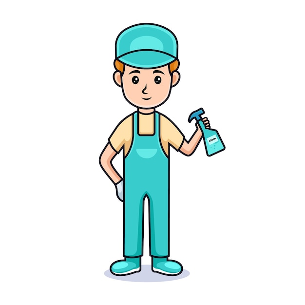 Cartoon-mann mit hut. reinigungsservice, hält ein reinigungsspray. getrennt auf weiß