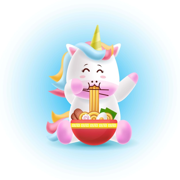 Cartoon maskottchen einhorn essen ramen