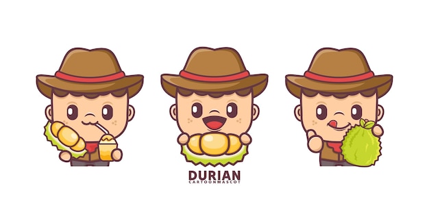 Cartoon-maskottchen mit durian-set. cartoon-vektor mit verschiedenen ausdrücken