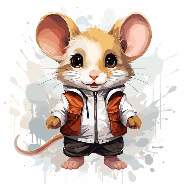 Cartoon-Maus trägt Weste und steht vor einem mit Farbe bespritzten Hintergrund