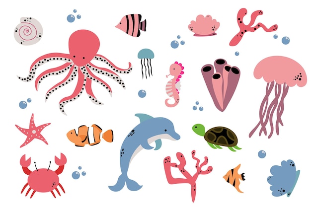 Cartoon-Meerestiere Niedliche Meeresfische Tintenfische und Schildkrötenquallen Krabben und Robben Unterwasser-Tierwelt-Kreaturen Vektor-Illustrationsset EPS