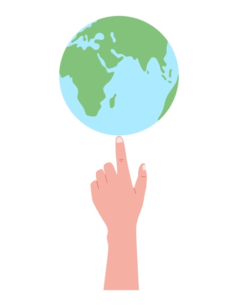 Vektor cartoon-menschenhand dreht den planeten erde auf dem zeigefinger. flache, isolierte vektorillustration, die mit dem finger auf den globus zeigt