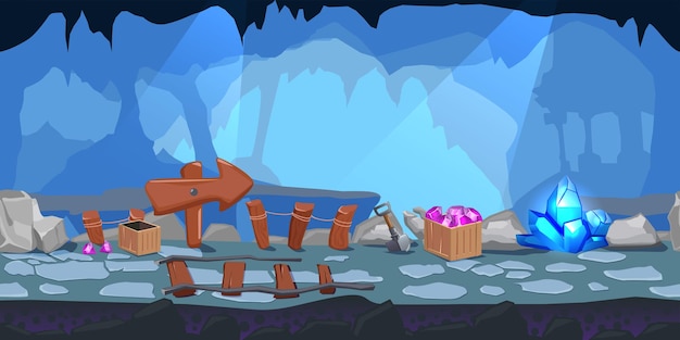 Cartoon mining game level design komposition mit großem holzzeiger in der höhle