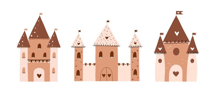 Cartoon mittelalterliche Schlösser Vektor-Illustrations-Set Sammlung befestigte Paläste Herrenhäuser isoliert