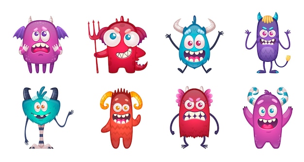 Vektor cartoon-monster-emoticon-set mit isolierten charakteren lustiger bestien, die verschiedene gesichtsemotionen und smileys-vektorillustration darstellen