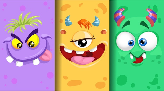 Cartoon-monster-emotionen-gesichter-set. niedliche monstergesichter mit unterschiedlichen gesichtsausdrücken. ideal für kinderbedarf und party-designs. sammlung von vektorillustrationen