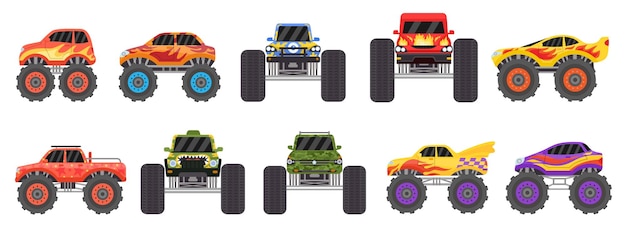 Cartoon-monster-trucks entwerfen seiten- und vorderansicht offroad-rennwagen mit großen rädern und feuer vektorsatz für schwere fahrzeuge des extremsports