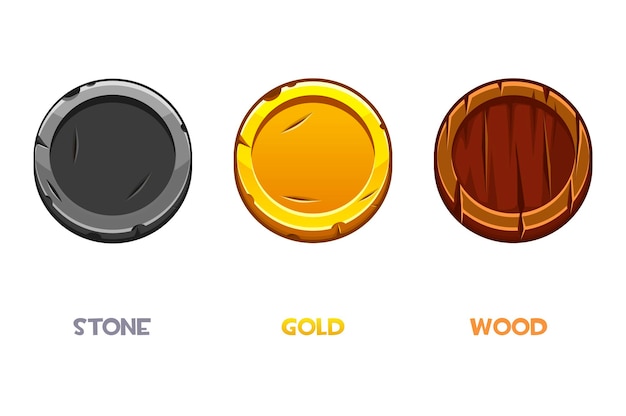 Cartoon Münzen Gold, Stein, Holz, runde Geldvorlagen für das Spiel.