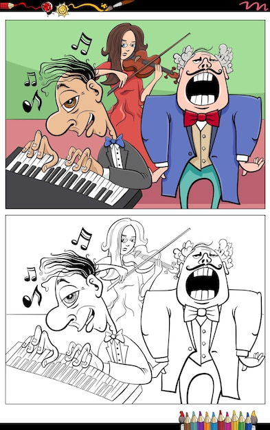 Cartoon musiker charaktere gruppe malbuch seite