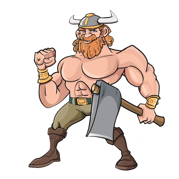 Cartoon muskulöser Wikinger mit einem gehörnten Helm und einer Axt