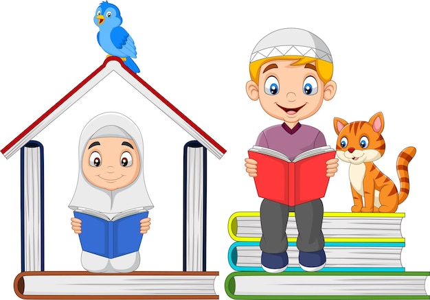 Cartoon muslimische kinder lesen ein buch mit einem stapel bücher und bilden ein haus