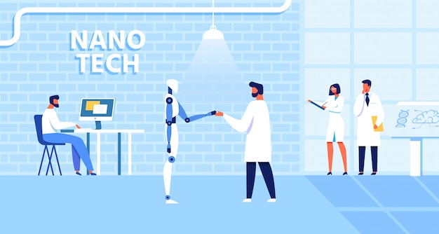 Cartoon Nano Tech Lab mit arbeitenden Wissenschaftlern
