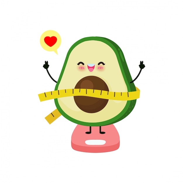 Vektor cartoon niedlich avocado glücklich verlust gewicht auf waage, waage zur messung von fettleibigkeit, konzept mit essen gesundes essen und bewegung. lustiger fruchtcharakter lokalisiert auf weißem hintergrundvektor