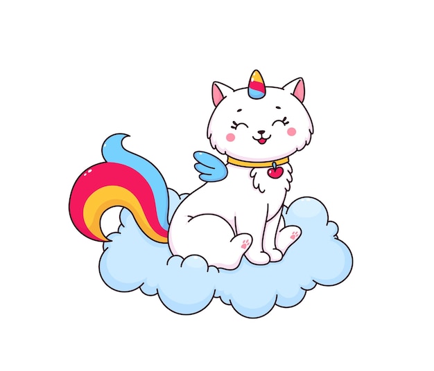 Cartoon niedliche Caticorn-Figur auf flauschiger Wolke