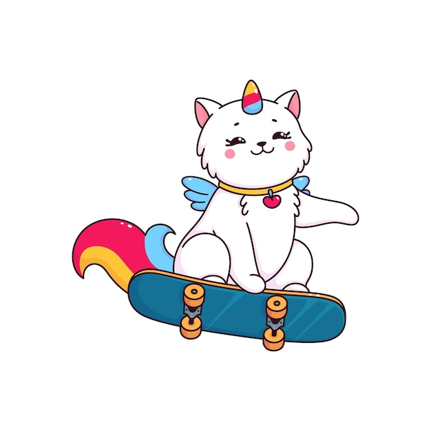 Cartoon niedliche caticorn-katze und kätzchen-figur. fantasietier oder magische kreatur, isolierter vektor, lustiger charakter. skatende caticorn-katze, kindisches maskottchen oder komische persönlichkeit