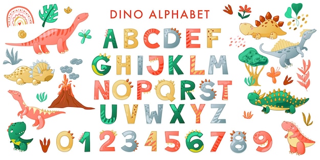 Cartoon niedlichen dinosaurier-alphabet. dino-schrift mit buchstaben und zahlen. kindervektorillustration für t-shirts, karten, poster, geburtstagsfeierveranstaltungen, papierdesign, kinder- und kinderzimmerdesign