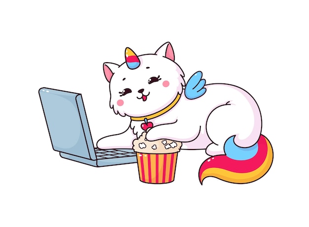 Cartoon niedliches caticorn-charakter-laptop-popcorn