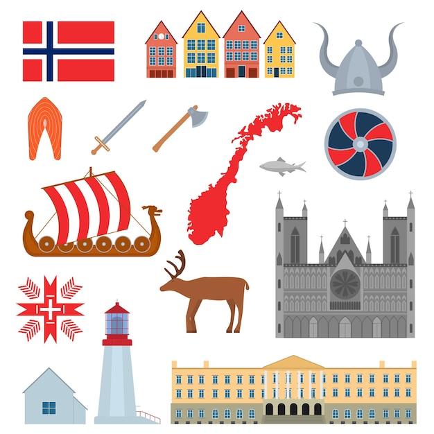 Cartoon norwegische Reise- und Tourismussymbole setzen Vektor