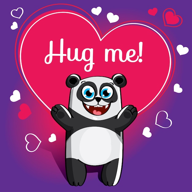 Cartoon panda bereit für eine umarmung. lustiges tier. nettes karikaturhaustier auf weißem hintergrund. mit handschrift satz umarme mich