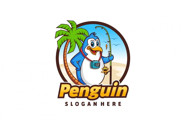 Cartoon Pinguin Logo mit einem Strandfischen Thema