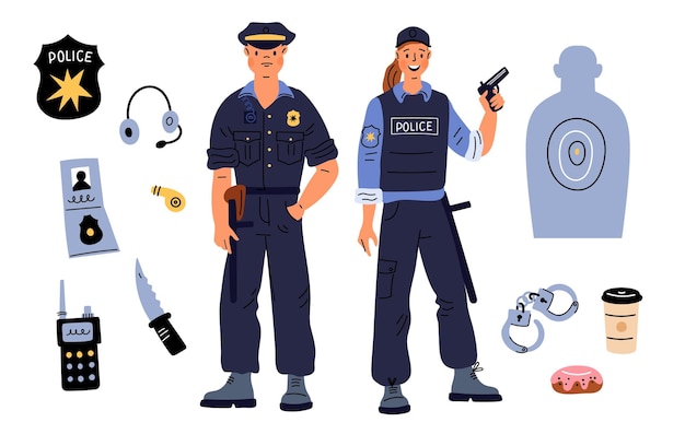 Cartoon-Polizei-Elemente Patrouille Mann und Frau Verschiedene Sicherheitsausrüstung Professionelle Polizisten in Uniform Männliche oder weibliche Offiziere Polizisten mit Waffe und Headset Garish Vektor-Set