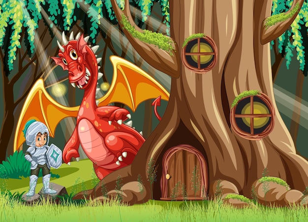 Cartoon-ragon und ritter im verzauberten waldhintergrund