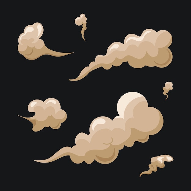 Cartoon-rauch- und staubwolken gesetzt staubige partikel isoliert trockener sand fliegt vektor-illustration