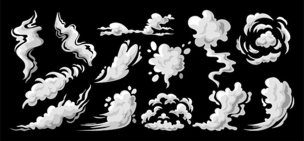 Cartoon-Rauchwolken weiße Grafik Natur Atmosphäre Symbol Himmel Staub und Nebel Smog Silhouetten Wetter Luft isolierte Elemente explodieren rauchig in Bewegung Vektor-Illustration schriller Set