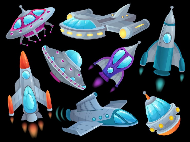 Vektor cartoon raumschiff. futuristische weltraumraketenfahrzeuge, ausländisches flugraumfahrzeug-schiffs-ufo und raumfahrtraketenschiff lokalisierten satz