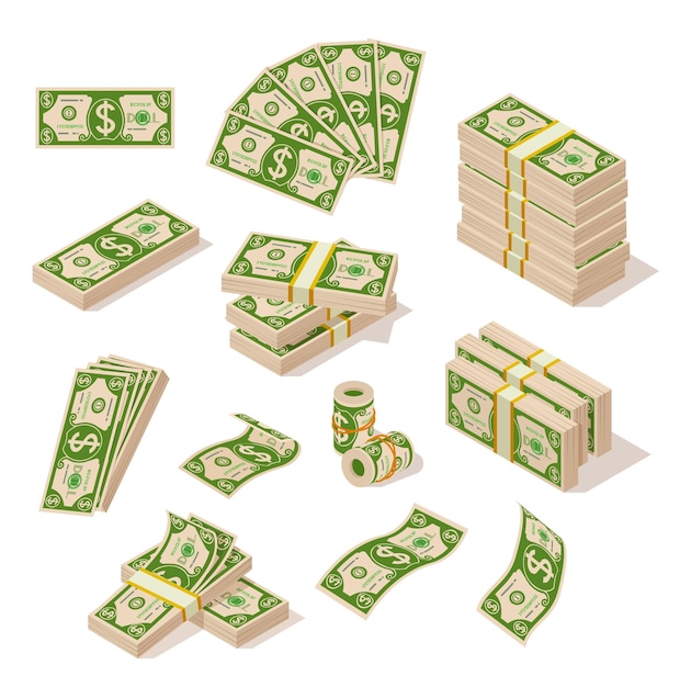 Cartoon-rechnungen geld dollar bargeld fülle dollar in haufen und fan banknotenstapel banking oder prosperierendes geschäft währung exakter vektorsatz