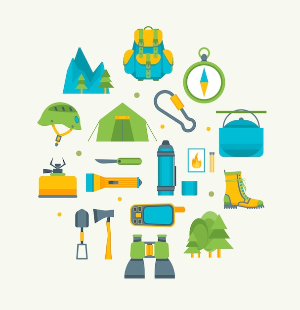 Vektor cartoon reisen camping und wandern runde design template icons set flat design style outdoor sommer freizeit.