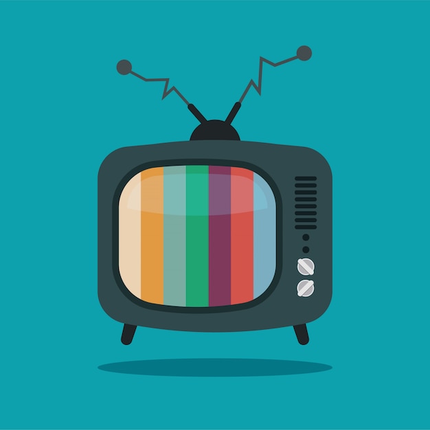 Cartoon retro farbrauschen tv. defekter fernseher mit verbogener antenne isoliert