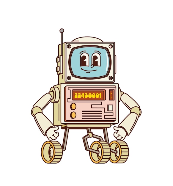 Cartoon-Retro-Groovy-Roboter-Charakter-Bot auf Rädern
