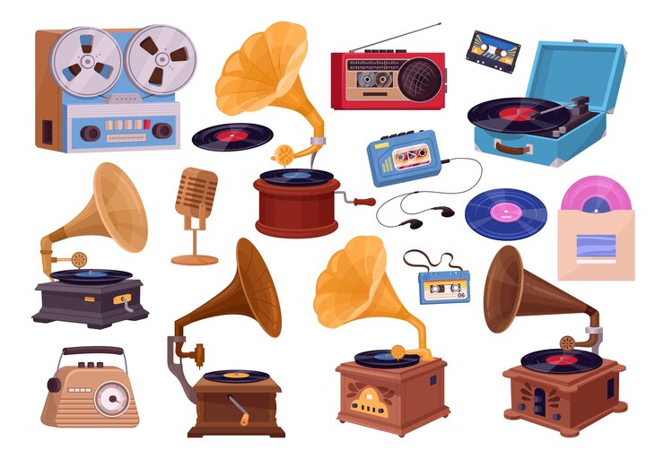 Vektor cartoon-retro-musikplayer. vintage-audiogeräte. vinyl-player der alten schule. grammophon-radio und vinyl-schallplatte. flache vektorillustrationen. sammlung antiker musikplayer