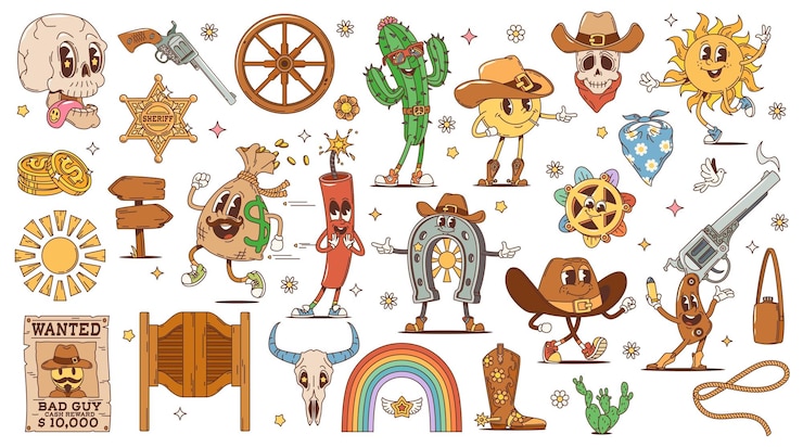 Vektor cartoon-retro-western-wildwest-groovy-charaktere