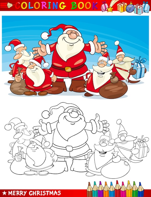 Cartoon santa claus gruppe zum ausmalen