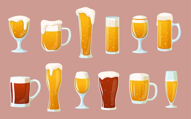 Cartoon-Satz von Gläsern mit hellem und dunklem Bier