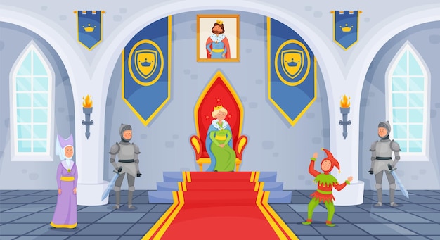 Cartoon-schlosssaal mit thron-ballsaal-interieur mit mittelalterlichen charakteren queen knight lady royal palace room vector illustration