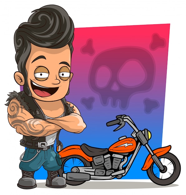 Vektor cartoon schöner biker mit rotem motorrad