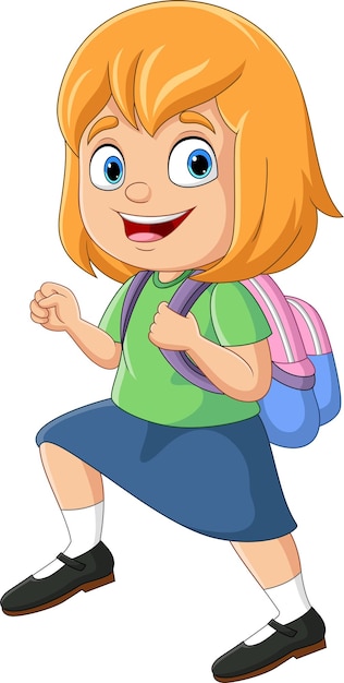 Cartoon Schulmädchen mit Rucksack gehen zur Schule