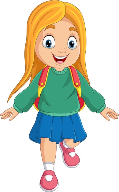 Cartoon Schulmädchen mit Rucksack zu Fuß