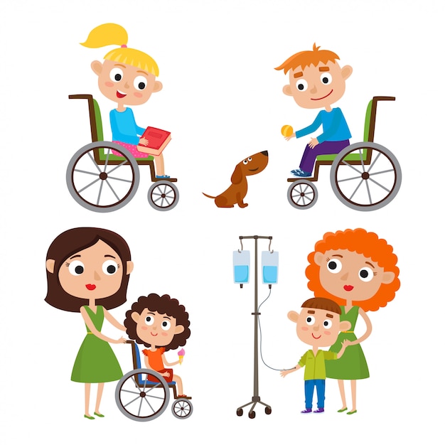 Vektor cartoon-set mit kindern - mutter mit ihrem kranken kleinen sohn, jungen und mädchen in einem rollstuhl lokalisiert auf weiß.